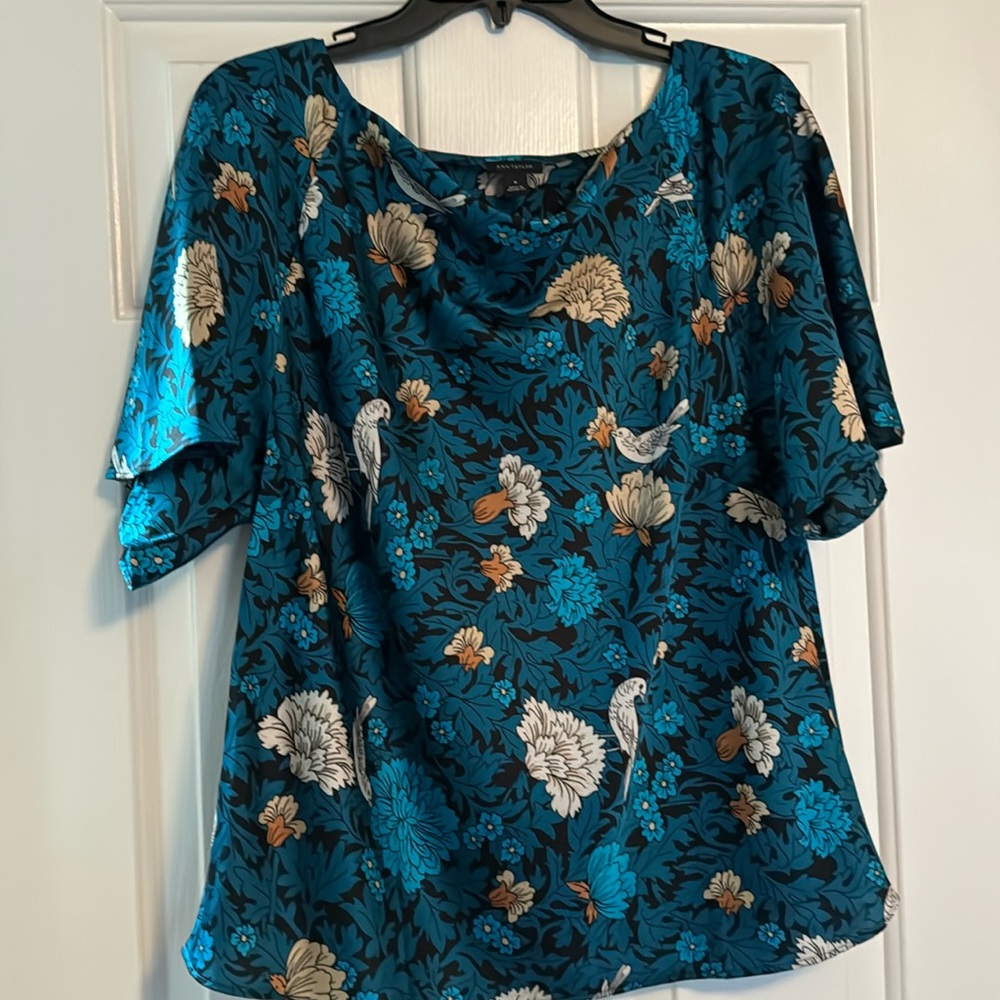 Ann Taylor cowl neck blouse floral and bird print medium